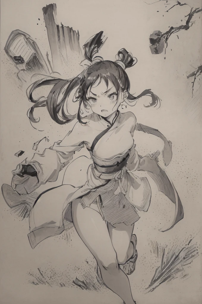 (Highest quality、High resolution、8K、masterpiece: 1.2)。Depicts a beautiful girl smashing a concrete wall into pieces。（1 Beautiful Girl：Kunoichi、A punch powerful enough to shatter a wall、Angry expression、Casual clothes、teeth、cheek、Dynamic punches）、Monochrome、Line art thicker、Dynamic depiction、（background：Group of monsters）