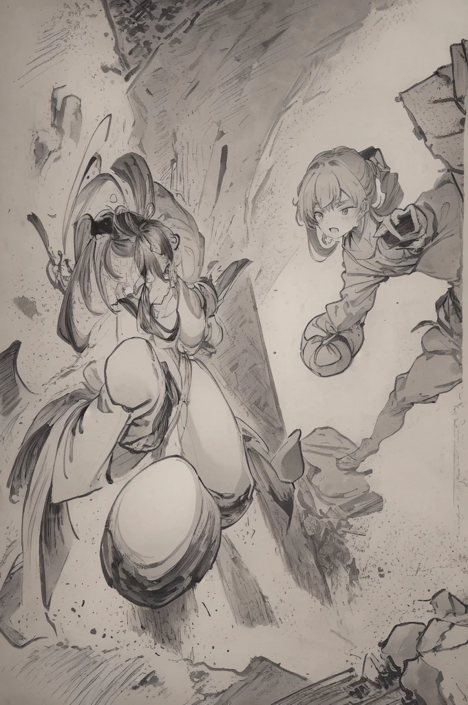 (Highest quality、High resolution、8K、masterpiece: 1.2)。Depicts a beautiful girl smashing a concrete wall into pieces。(1 Beautiful Girl:Kunoichi、A punch powerful enough to shatter a wall、Angry expression、Casual clothes、teeth、cheek、Dynamic punches)、Monochrome、Line art thicker、Dynamic depiction、(background:Group of monsters)