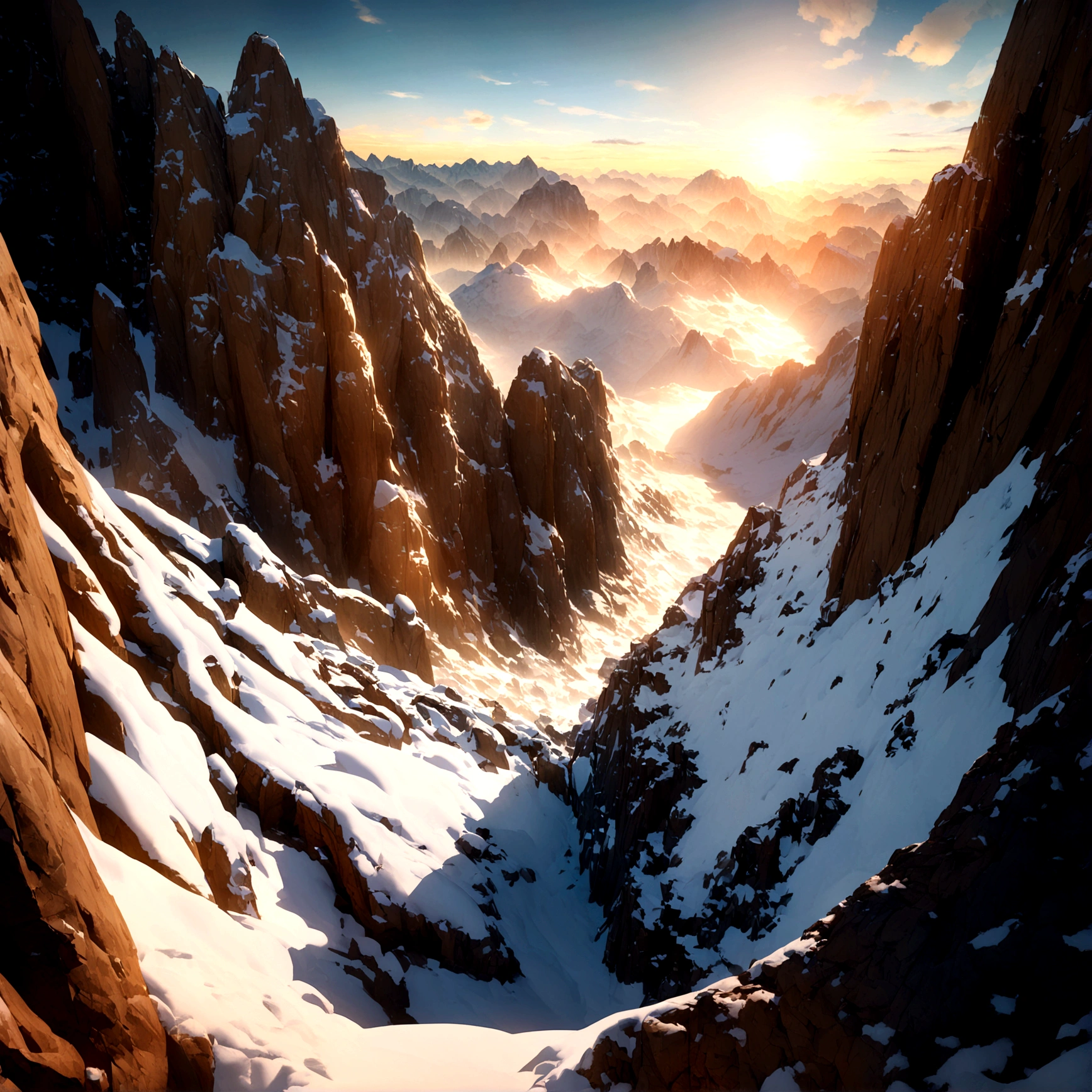 Snow Mountain，Rolling peaks，heavy snow，Cloudy at the foot of the mountain，Star，sunny，Sunset，The lighting is depicted in great detail，oc rendering，high quality，masterpiece，Surrealism，Hyper-photorealism，8K，Ultrafine，Dynamic perspective