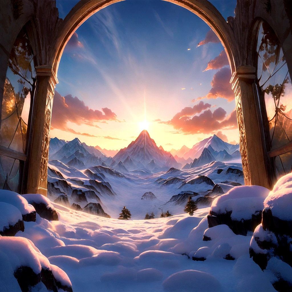 Snow Mountain，Rolling peaks，heavy snow，Cloudy at the foot of the mountain，Star，sunny，Sunset，The lighting is depicted in great detail，oc rendering，high quality，masterpiece，Surrealism，Hyper-photorealism，8K，Ultrafine，Dynamic perspective