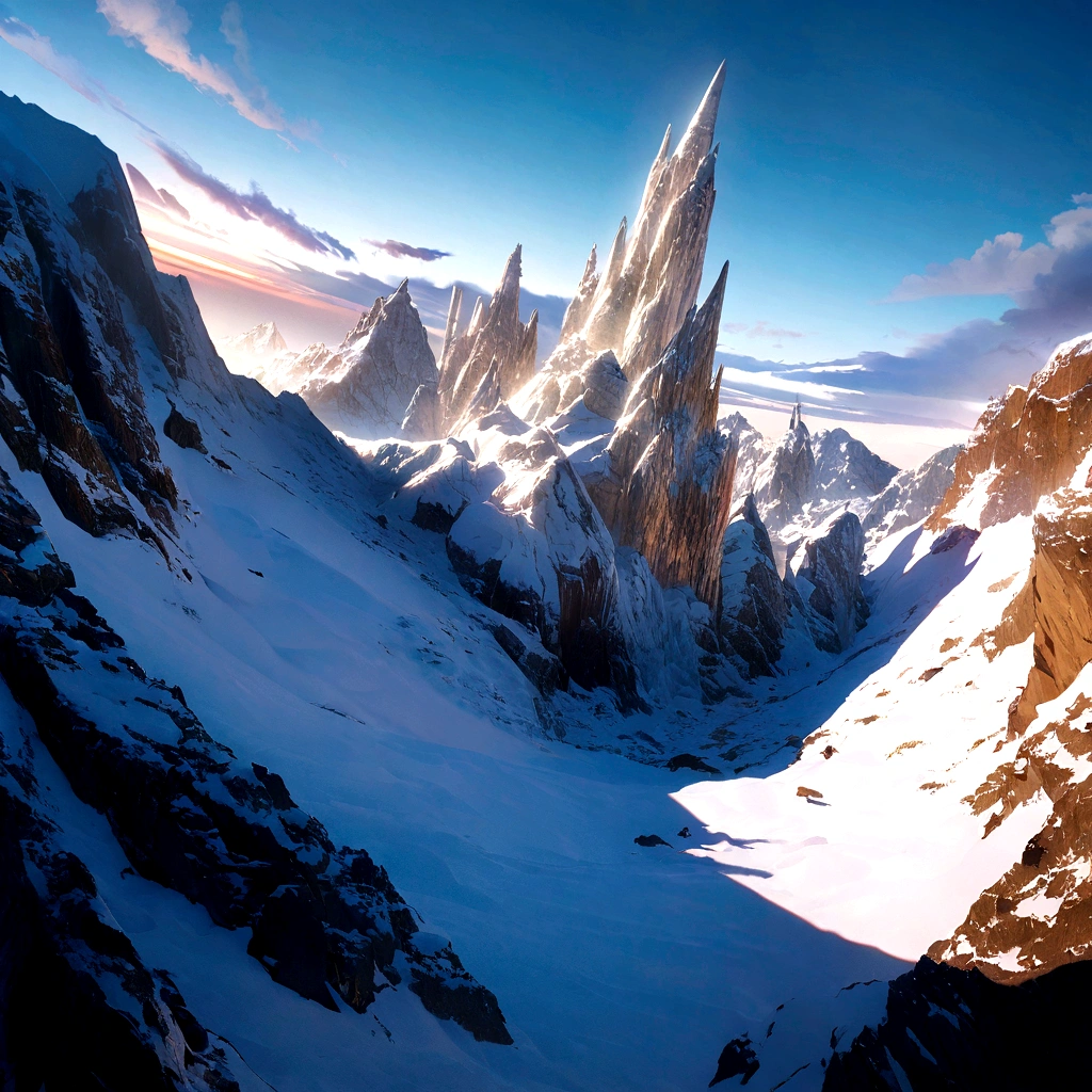 Snow Mountain,Rolling peaks,heavy snow,Cloudy at the foot of the mountain,Star,sunny,Sunset,The lighting is depicted in great detail,oc rendering,high quality,masterpiece,Surrealism,Hyper-photorealism,8K,Ultrafine,Dynamic perspective