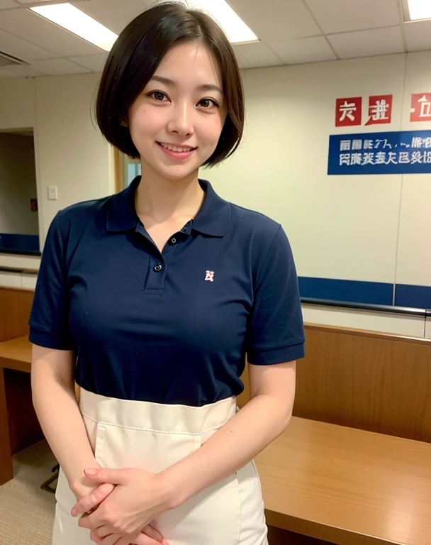 30 year old short haired woman working at the post office、、A cheerful Japanese woman in a navy blue polo shirt