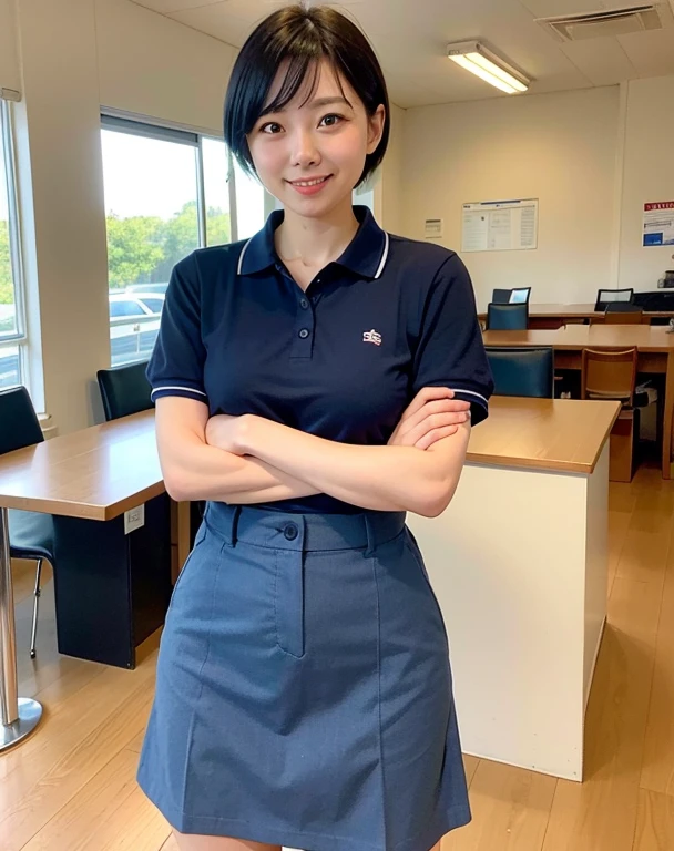 30 year old short haired woman working at the post office、、A cheerful Japanese woman in a navy blue polo shirt