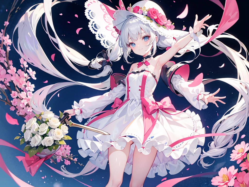 Chattotori, 1girll, pink sleeve, solo,Cat ears, Long ponytail,Gorgeous cake dress, full bodyesbian,adolable, a skirt, looking at viewert, shift dresses, exposed bare shoulders, Bare legs, Beautiful detailed eyes, Be red in the face, standing on your feet, clavicle, No shoulder strap, bucket-hat, Footwear, leges, frilld, flatchest, short skirt, Bow knot, longer sleeves, arms at sides, beatiful background,beautiful illustration, best quality, cute girl, happy, dynamic angle, armpit,masterpiece, best quality, 1girl, solo, long_hair, looking_at_viewer, white hair twintails, grees eyes, smile, bangs, white princess dress, long_sleeves, hat, dress, bow, holding, closed_mouth, flower, frills, hair_flower, petals, bouquet, holding sword, center_frills, bonnet, holding_bouquet, tachi-e, full body