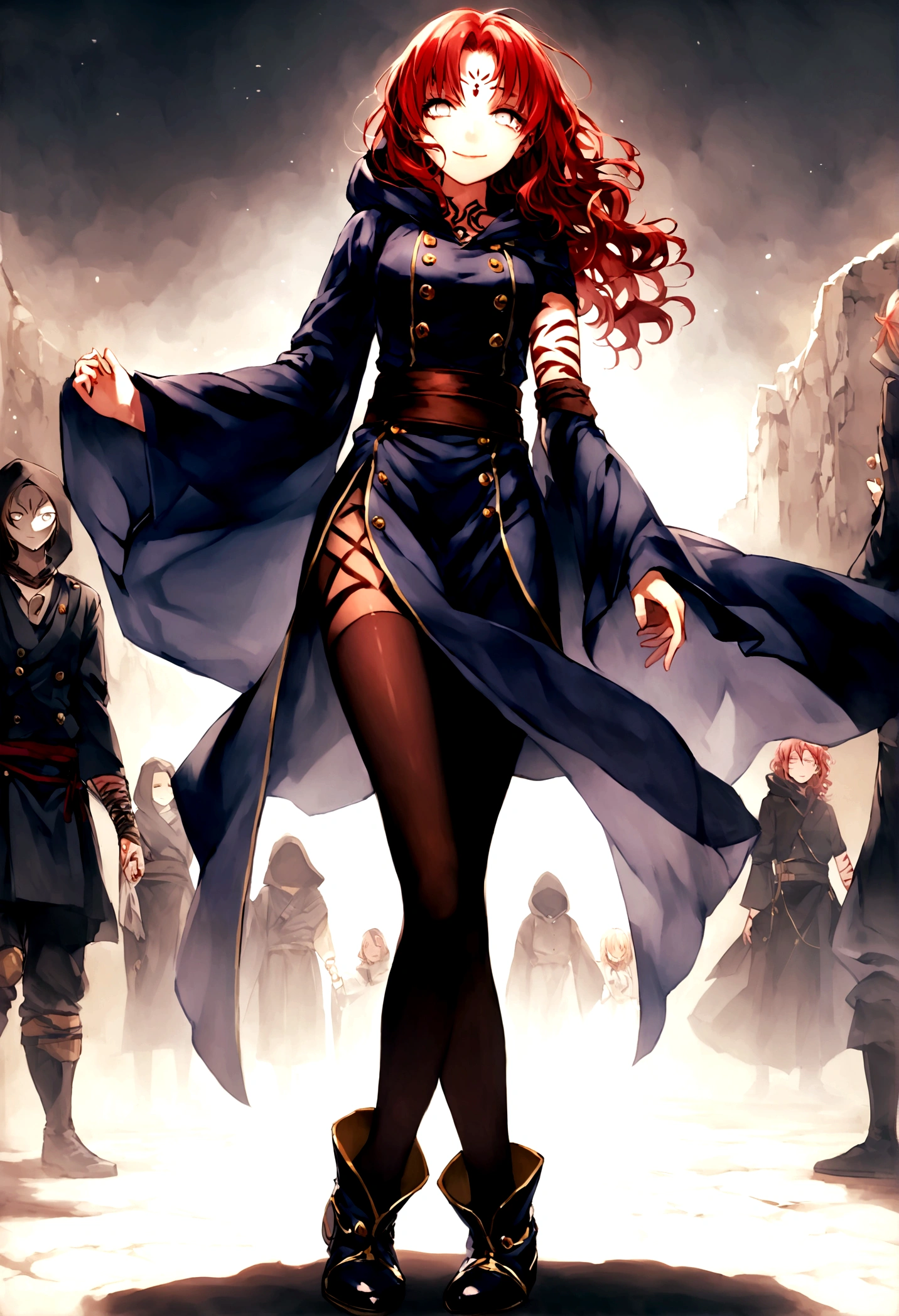 short red hair not too far below the shoulder but not too far above the shoulder, wavy hair, a dark blue jujutsu outfit with gold buttons, a dark blue hood, the sleeves of the clothing at the hem were wide and long but did not go past the hand and the bottom hem of the clothing was mid-thigh, and was divided by the buttons, wore a well-glued black legging, a not-so-high dark blue ankle boot, completely white eyes without iris or pupil, I wasn&#39;t a human despite my appearance but I was a curse just like sukuna, I had tattoo marks all over my left arm in black and she has an emotionless look plus a very psychopathic smile
