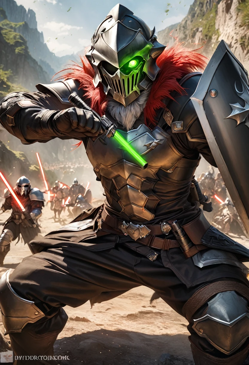 perfect hands, perfect finger,perfect anatomy, masterpiece, best quality,realistic, hyperrealistic, 16k hdr,1 muscular man,,goblin slayer, armor, helmet, green glowing eye, plume, fur collar, (Lightsabers,shield:1.4),fantasy world,outdoor,fighting pose,dynamic pose,upper body,dynamic angle
