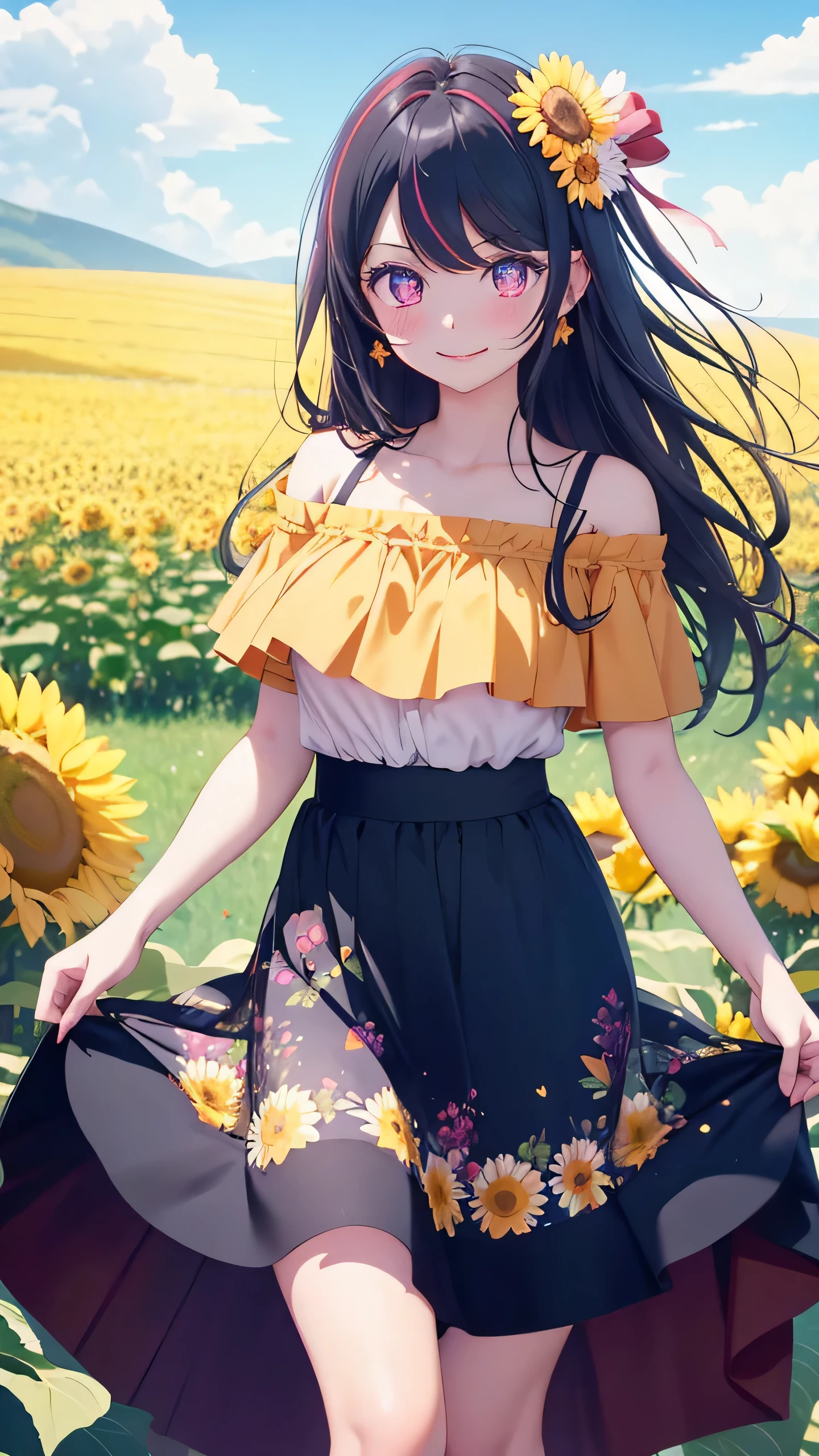 skirt hold, 1girl, Hoshino Ai, lifted by self, clothes lift, flower, skirt lift, skirt basket, earrings, orange flower, solo, curtsey, long hair, dress lift, skirt, jewelry, yellow flower, purple eyes, star-shaped pupils, purple hair, streaked hair, hair ornament, sunflower, sunflower fields background, daisy, breasts, bare shoulders, dress, black skirt, looking at viewer, smile, bangs, feet out of frame, shirt, collarbone, floral background, gradient, blush, red flower