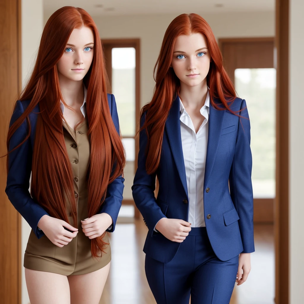 An ultra realistic 19 year old girl with long red hair and dark blue eyes, wearing a warm suit walking in the room.
