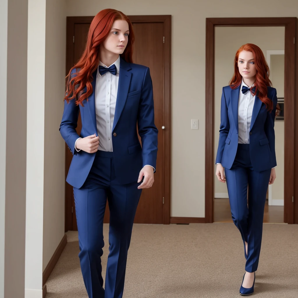 An ultra realistic 19 year old girl with long red hair and dark blue eyes, wearing a warm suit walking in the room.