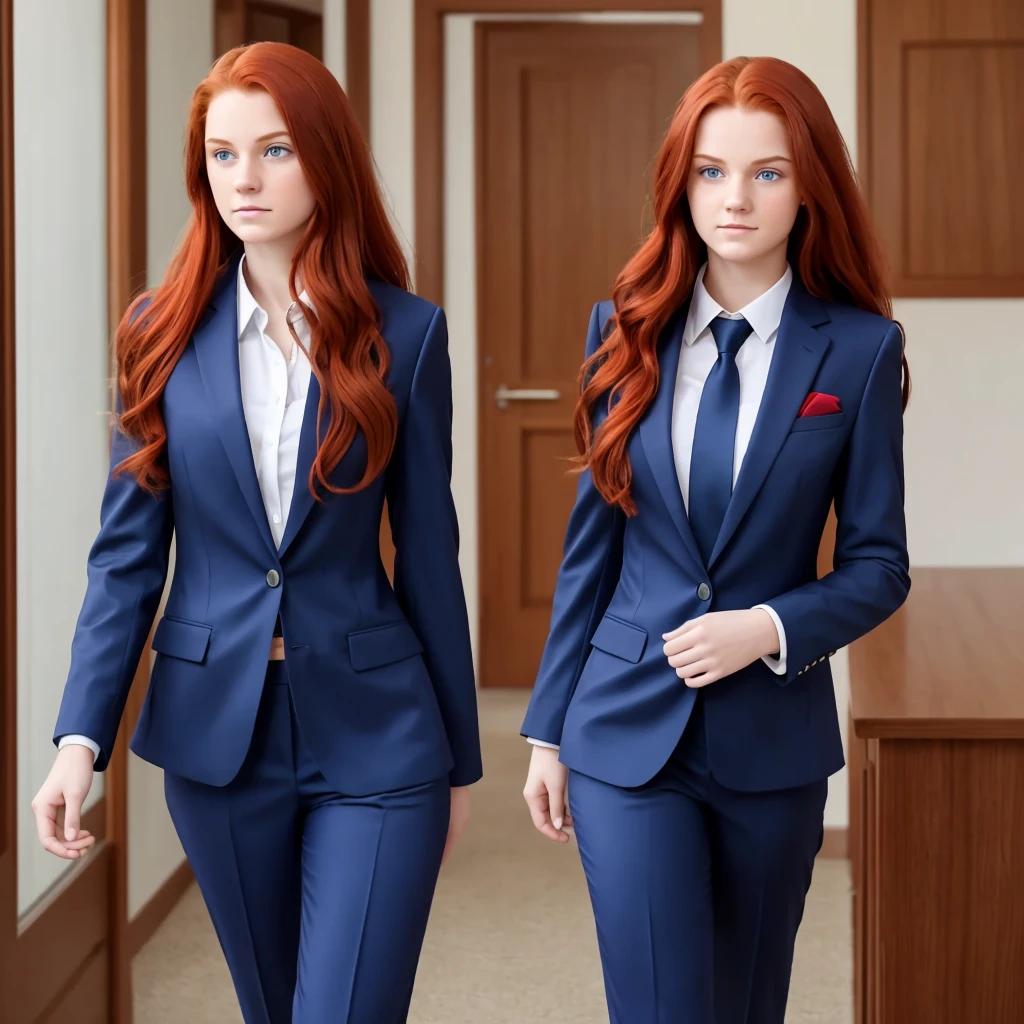 An ultra realistic 19 year old girl with long red hair and dark blue eyes, wearing a warm suit walking in the room.