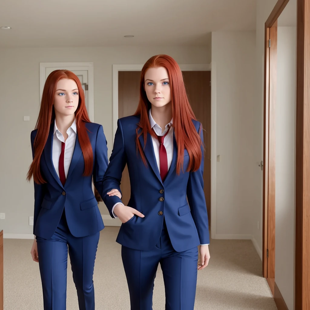 An ultra realistic 19 year old girl with long red hair and dark blue eyes, wearing a warm suit walking in the room.