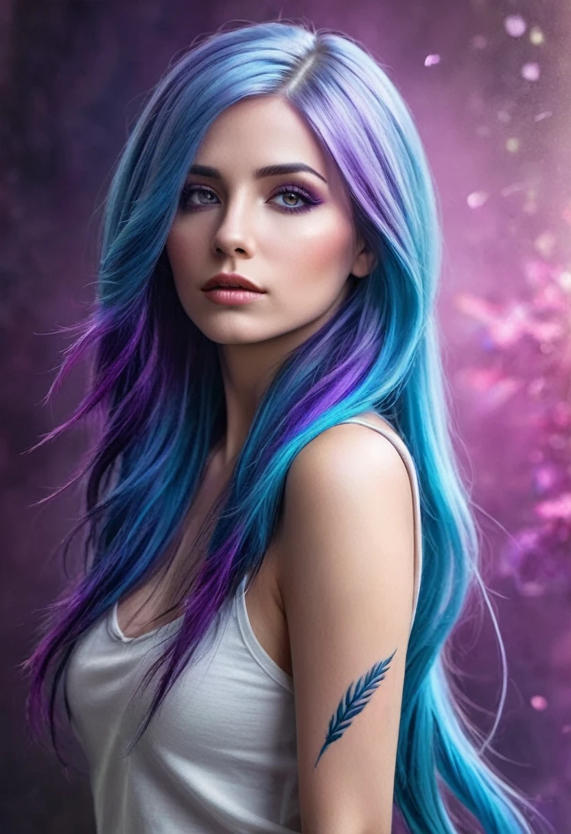 a woman with blue and purple hair and tattoos, an airbrush painting inspired by Anne Stokes, Artstation contest winner, fantasy art, colorfull digital fantasy art, gorgeous digital art, beautiful fantasy art portrait, beautiful fantasy portrait, beautiful gorgeous digital art, digital fantasy portrait, High quality 8K detailed art, fantasy art style, Beautiful digital artwork, Beautiful digital art