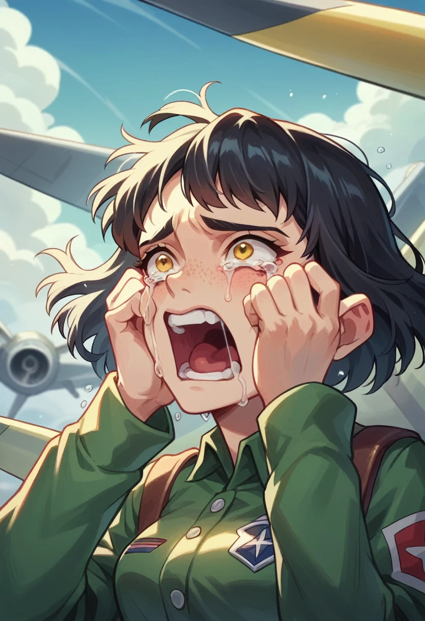 screenshot of my hero academy. girl blue and black hair, yellow eyes and freckles on her face. in a downward looking plane, crying uncontrollably and screaming, while her hands are covering her ears while she cries a thousand tears in her face.