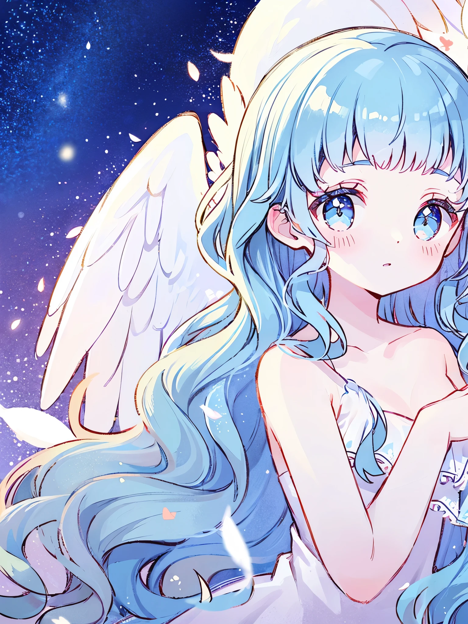 nude angel girl wearing an ethereal translucent dress, pale skin, ((blue mint wavy hair)), white feathers, angel wings, sparkling detailed eyes, golden ratio face, perfect composition, highly detailed, ethereal, (starry night sky background), midjourney style