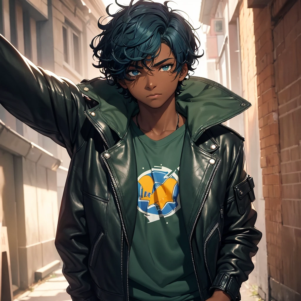 A dark-skinned teenager, short, curly blue hair, dark green eyes. a scar on the eye.
Dressed in a leather jacket