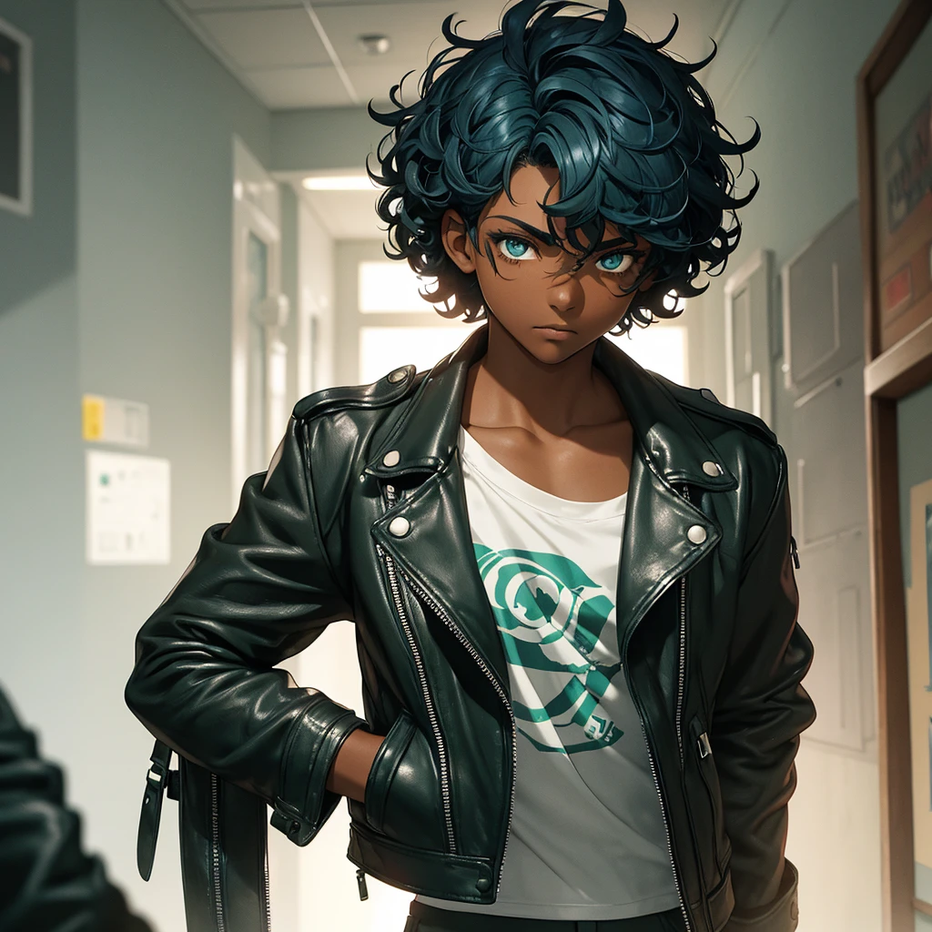 A dark-skinned ager, short, curly blue hair, dark green eyes. a scar on the eye.
Dressed in a leather jacket