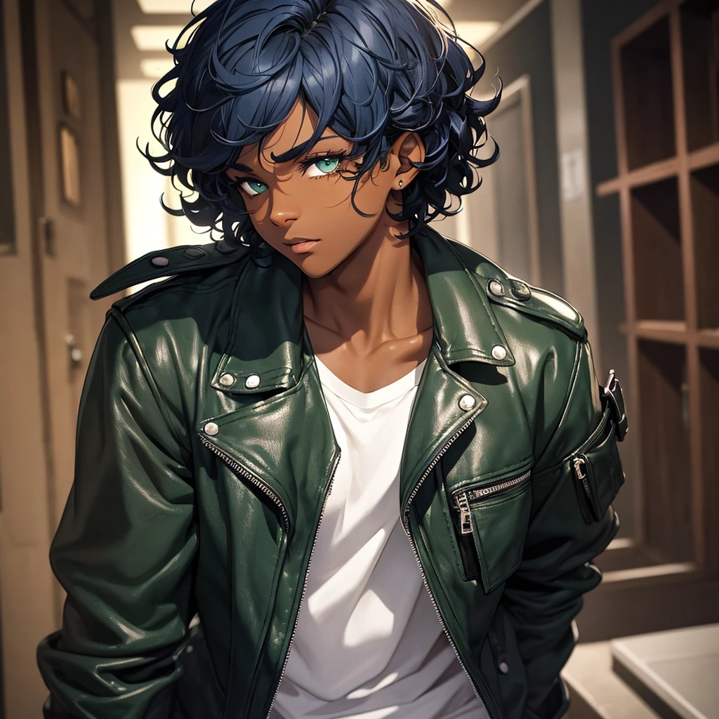 A dark-skinned teenager, short, curly blue hair, dark green eyes. a scar on the eye.
Dressed in a leather jacket