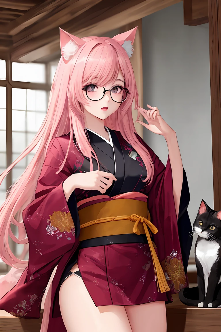 score_9,score_8_up,score_7_up,masterpiece, top quality, best quality, official art, beautiful and aesthetic, animation, , 1girl with cat ear, perfect figure, pink hair, complicated details,, 1boy, handsome face, broken bangs, round glasses, Japanese young brother, beauty with shaking audio and video atmosphere, comprehensive sorting ,