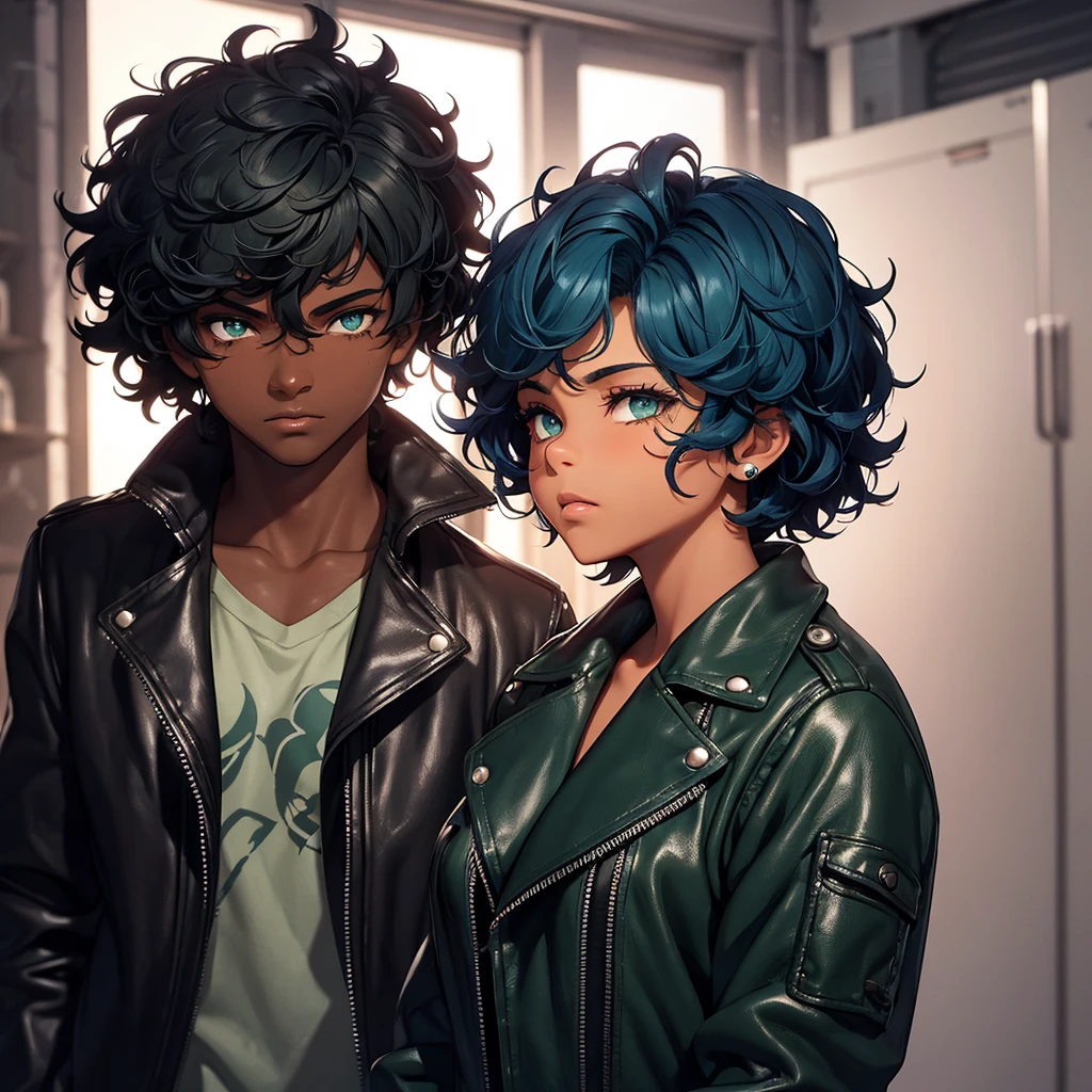 A dark-skinned teenager, short, curly blue hair, dark green eyes. a scar on the eye.
Dressed in a leather jacket 