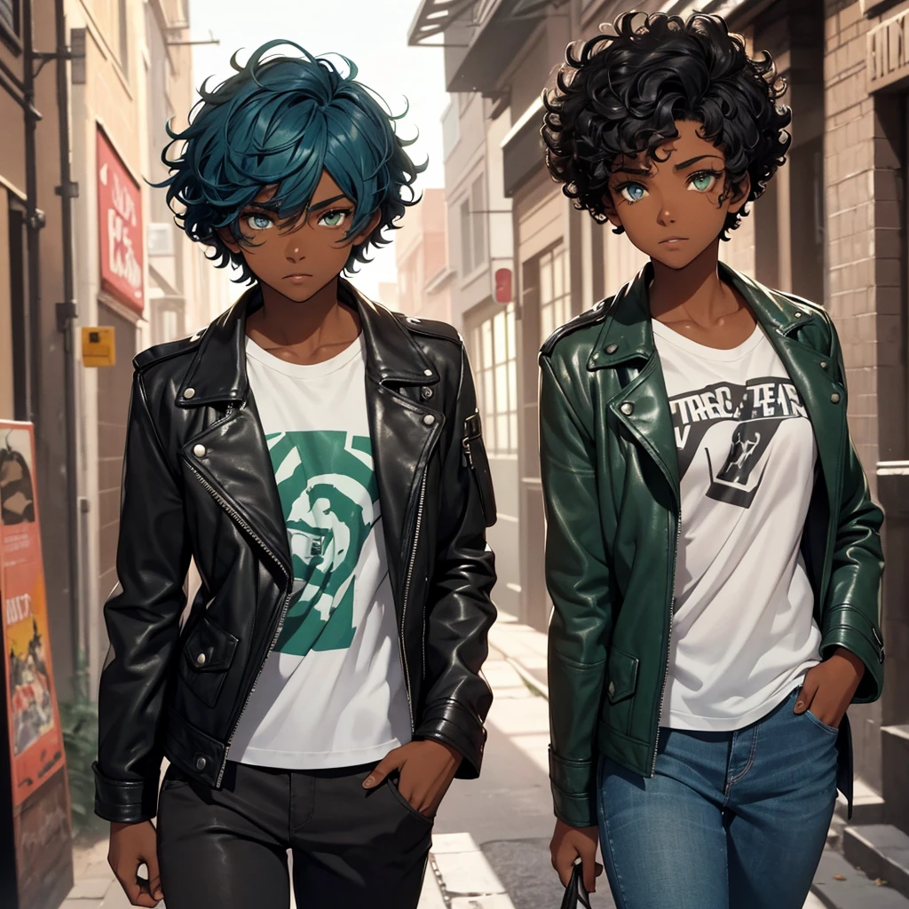A dark-skinned ager, short, curly blue hair, dark green eyes. a scar on the eye.
Dressed in a leather jacket 