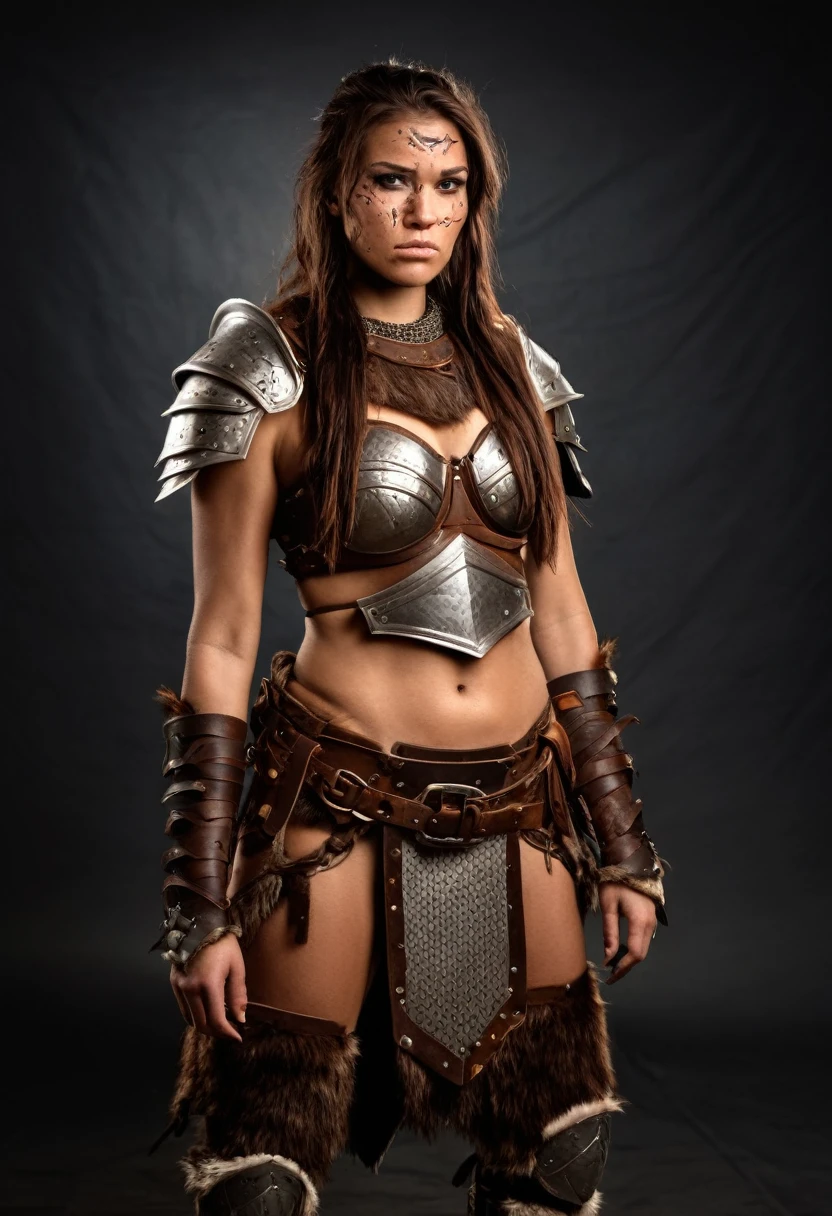 rough scar on face rustic barbarian woman in armor full body view