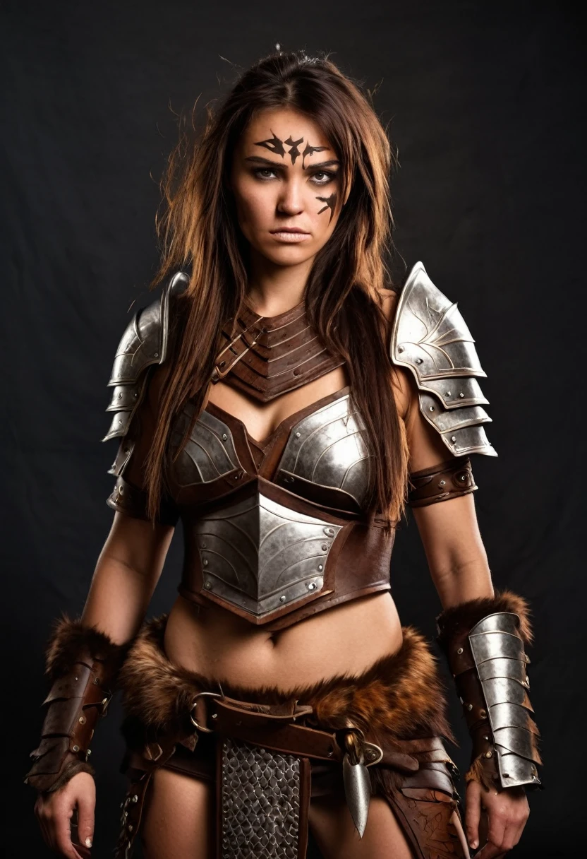 rough scar on face rustic barbarian woman in armor full body view