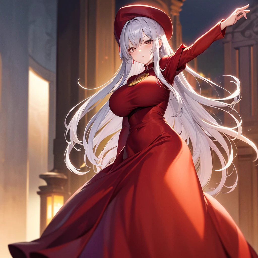 1Human Mage。Big Breasts。glamorous body。Silver-haired half-up。Golden eyes。Wearing a red cloak。Wearing a big red hat。Black top inner。,beautiful long dress, brown Clothes, dusk, dusk sky, sunset,Free Pose。Low - Angle
