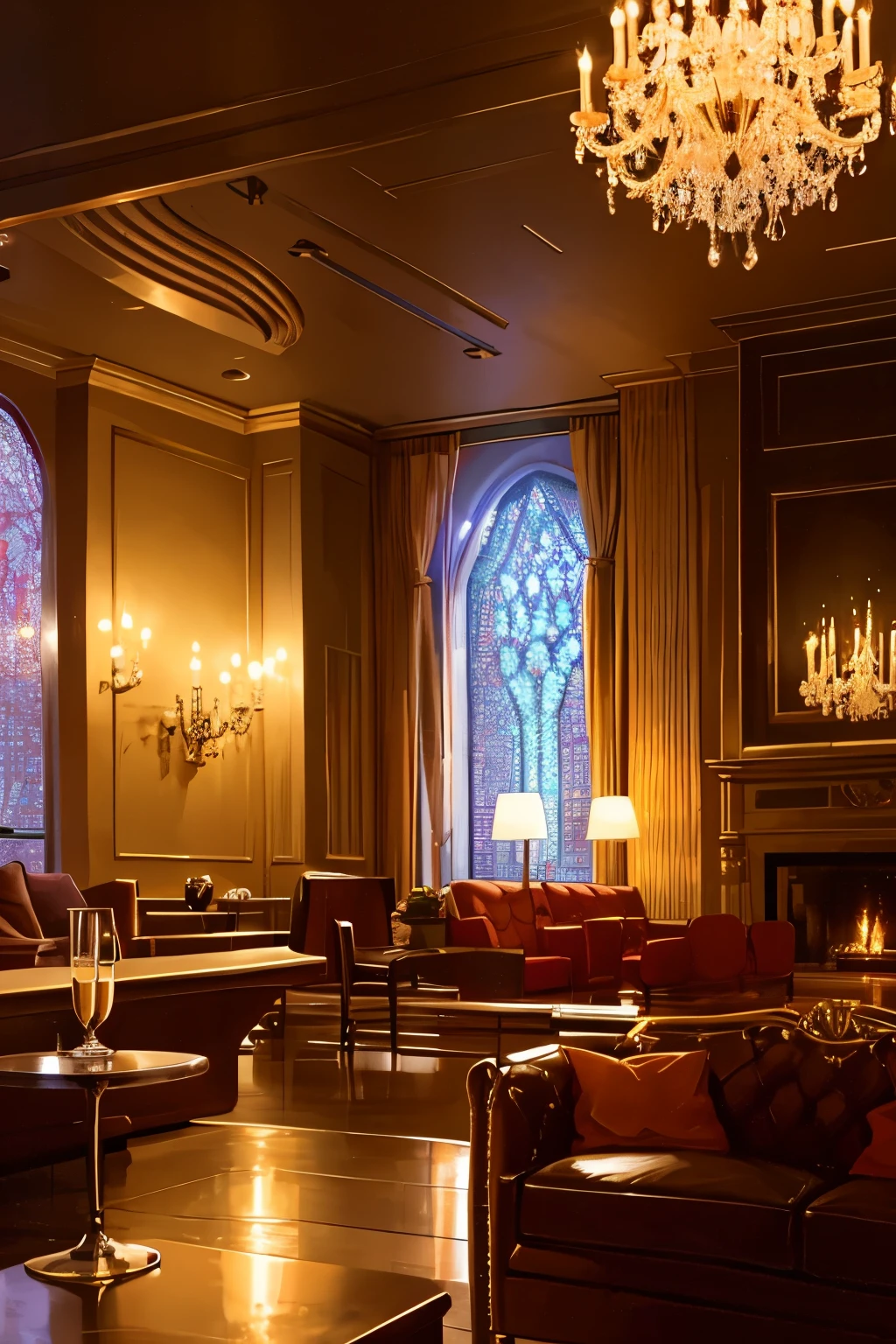 In this sophisticated, dim-lit, and cozy jazz lounge, the ambiance is set by the soft glow of a vintage chandelier hanging above a grand piano. The room is filled with the soothing melody of a lone pianist's fingers dancing on the ivory keys, creating an enchanting atmosphere. A plush velvet sofa and a low table near the fireplace invite guests to unwind as they enjoy a glass of champagne from a bottle chilling in an ice bucket. The warmth from the fireplace contrasts with the cool, rainy night outside, which can be viewed through the large window on the right side of the room. The raindrops shimmering against the city