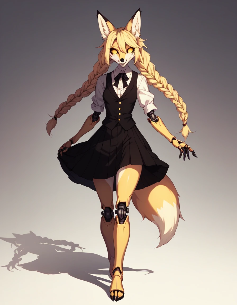 Solo, Score_9, score_8_up, score_7_up, kemono style, Kimiko, An Anthro furry fox girl, yellow furry body, yellow fox tail, , black nose, blonde hair, braided hair, wearing elegant black vest, black short skirt, barefoot, doll joints, walking elegantly, she is a marionette doll, marionette strings attached to her limbs, a giant shadowy figure behind her, simple shadow background, gradient lighting, she is smiling, tearing up, soulless empty eyes