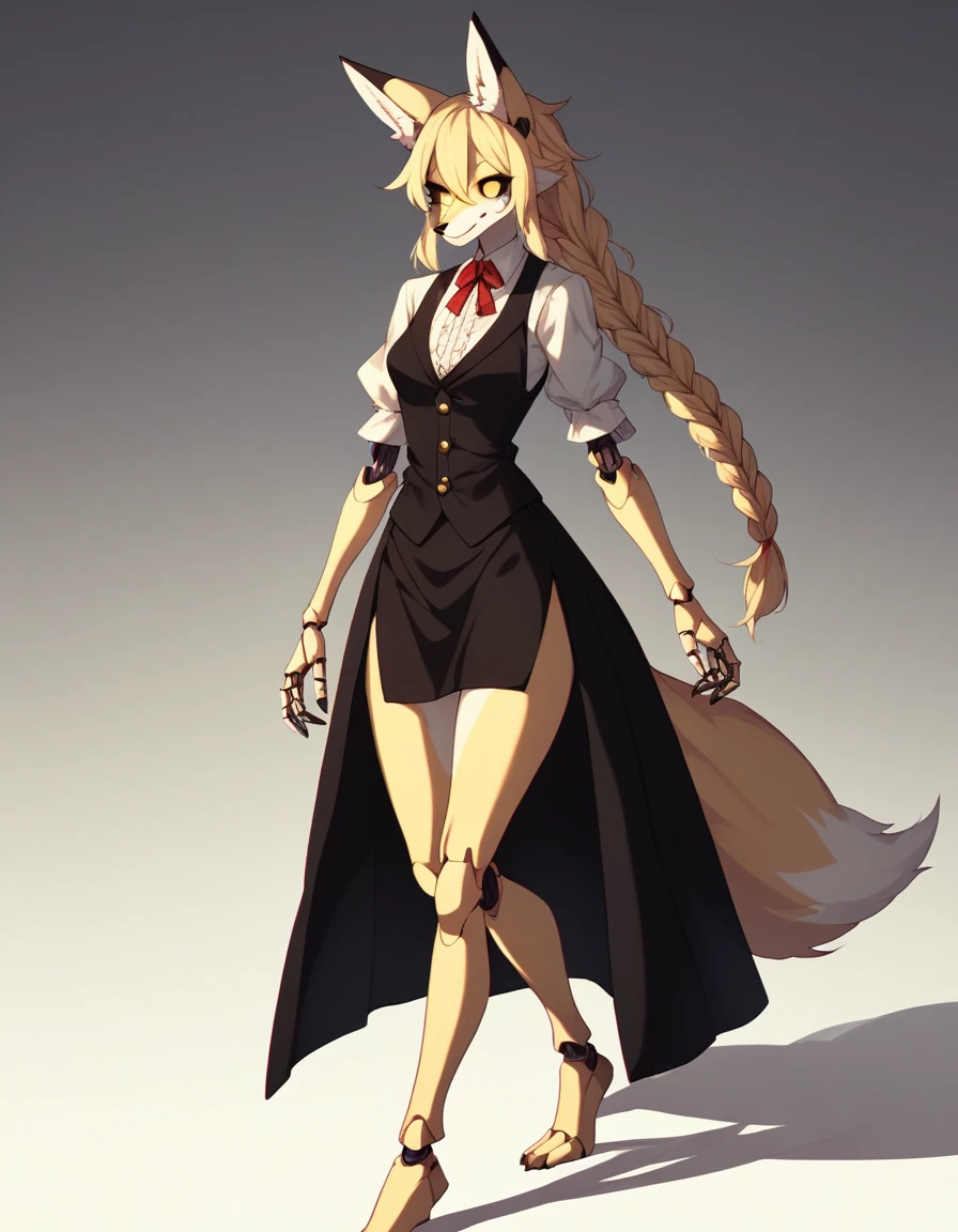 Solo, Score_9, score_8_up, score_7_up, kemono style, Kimiko, An Anthro furry fox girl, yellow furry body, yellow fox tail, , black nose, blonde hair, braided hair, wearing elegant black vest, black short skirt, barefoot, doll joints, walking elegantly, she is a marionette doll, marionette strings attached to her limbs, a giant shadowy figure behind her, simple shadow background, gradient lighting, she is smiling, tearing up, soulless empty eyes