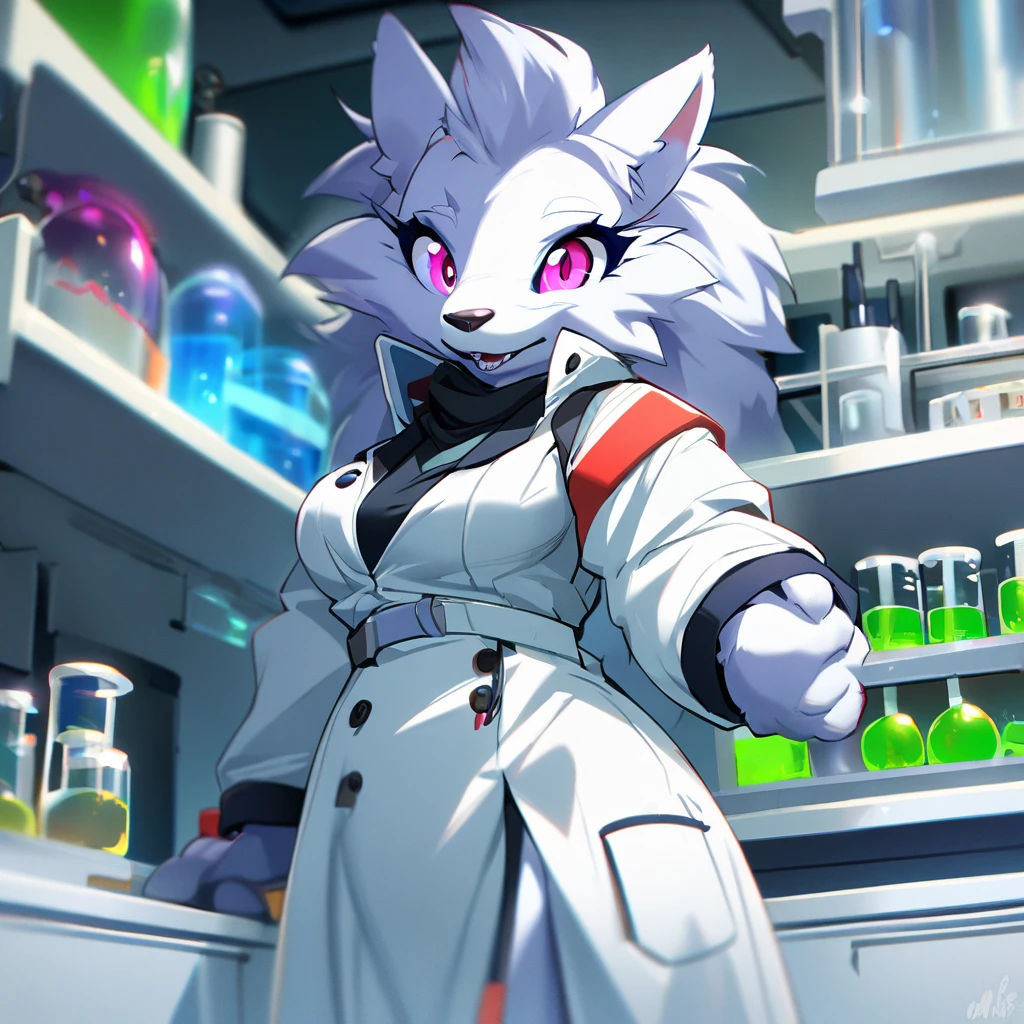 1girl,solo,furry, furry_female,Mature ,researcher,laboratory,wearing a white coat,looking at viewer,near,standing up,