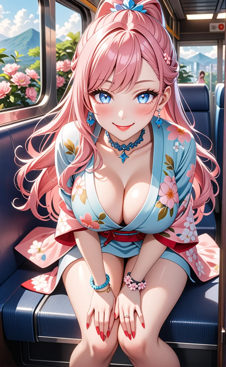 ultra-detailed, ((one girl)), (pale skin:1.3), in pastel colors gyaru, (heavy makeup), hyper detailed, absurdres, 8K, Beautiful Face, (Laugh shyly), ((teasing smile:1.8)), ((Wink:1.7)), (Laugh with your mouth wide open),((Tilt your face:1.6)), View your viewers, ((Bright red cheeks:1.6)),Glossy Red Lips, ((Big Breasts:1.5)), (show off breast), ((undressing)), noon, on the train, (Brighten your face), ((Anime style background)),masterpiece, Highest quality, so beautiful,Latest, Complex details, (Pink long nails), (nail art), (ring),(bracelet), (Floral Choker),AI-generated, Complex,High resolution, Highest quality, super high quality,3D Images、3D Images,One person,Pastel pink long hair,(High Ponytail), (wavy hair:1.3), Pastel anime woman posing for a photo, ((Fine grain、blue eyes、glowing eyes:1.4)), (Squint your eyes:1.1),a hyperRealistic , hyperRealistic , Realistic,Anime woman with long pastel pink hair, Smooth anime CG art, A girl in a gorgeous pastel-colored kimono, ((Pastel-colored furisode)),(Pink large floral pattern), Long flower hair ornament,Floral Earrings,Mature Body, tall,Narrow waist, ((Sit in the seat)), ((leaning forward:1.6)), ((hand between legs:1.5)), (from above),