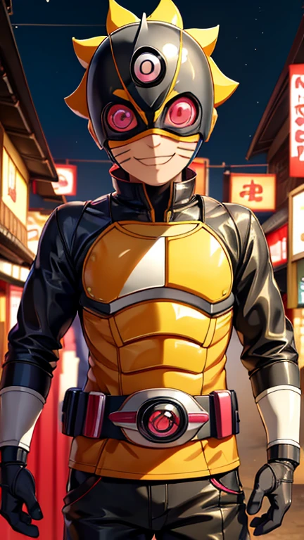 (8k),(masterpiece),(Japanese),(8-year-old boy),((innocent look)),((Childish)),From the front,smile,cute,Innocent,Kind eyes,Flat chest, Uzumaki Boruto 8,Kamen Rider,yellow helmet,orange superhero mask,camisa,no Hair,night,dark, Neon light cyberpunk Konoha village