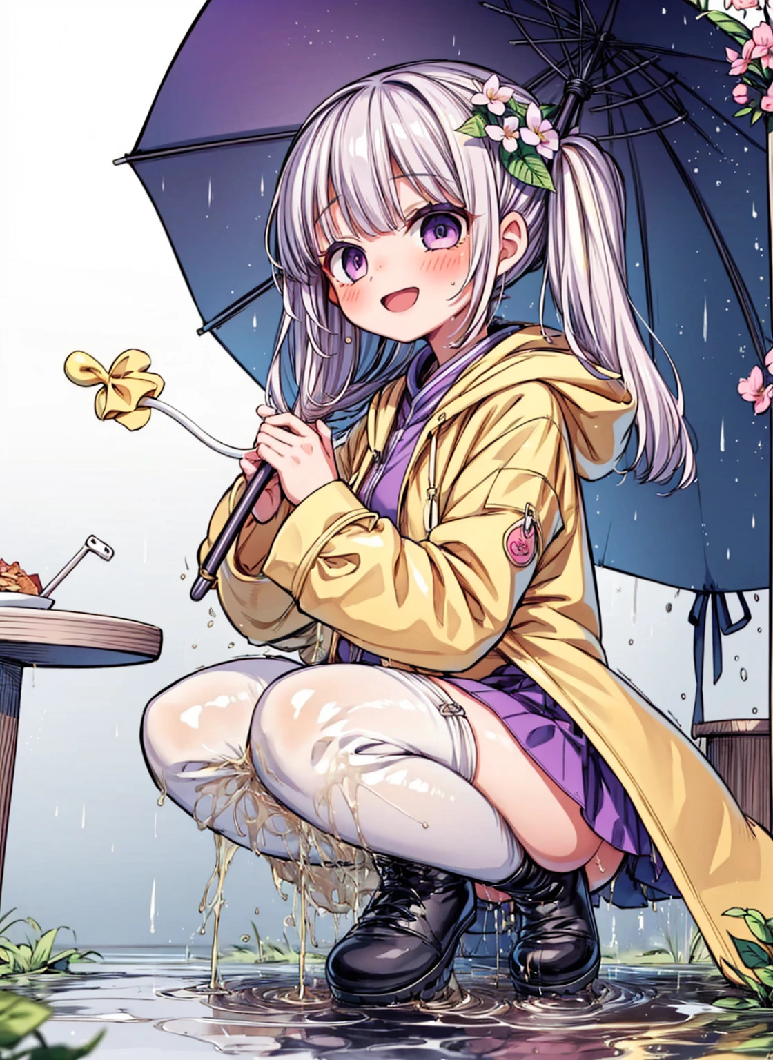 One Girl,rainbow,raincoat,yellow raincoat,rubber Knee-high boots,Hydrangea,flower,Long Hair,Twin tails,Knee-high boots,blush,umbrella,Open your mouth,hair ornaments,Food,alone,Terboz,very Long Hair,Food up,Long sleeve,Low Ponytail,bow,bangs,smile,animal Food,closed umbrella,puddle,Cowboy Shot、squat,:d,Yellow footwear, background,pink flower,Are standing,leaf umbrella,Holding umbrella,food-themed hair ornaments,hair bow,animal ears,Holding,bionde,hair flower,rain,animal,Gray Hair、Light purple eyes、Bob Hair、Laughter、Purple Raincoat、(((((heavy,Girl who pees in front of her)))),((Girl peeing forward、A girl urinating vigorously in front of her、Girl urinating a lot in front)), NSFW,Golden liquid dripping from her ass)