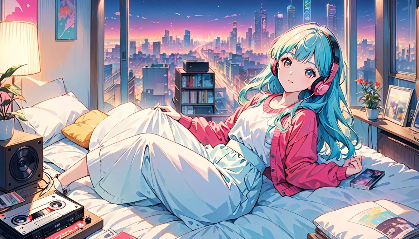 Creates anime-style images that evoke the atmosphere of 1980s city pop culture。Girl lying on bed、Imagine a simple scene where you put on headphones and listen to music.。The setting is、It should reflect a 1980s urban vibe with vibrant colors and a retro aesthetic.。The girl is absorbed in music、With a relaxed expression、Neon lights and cityscape in the background、Cassette tapes, etc.、It should contain elements that evoke the era.。The overall tone is nostalgic and upbeat.、It must capture the essence of the city pop era.。