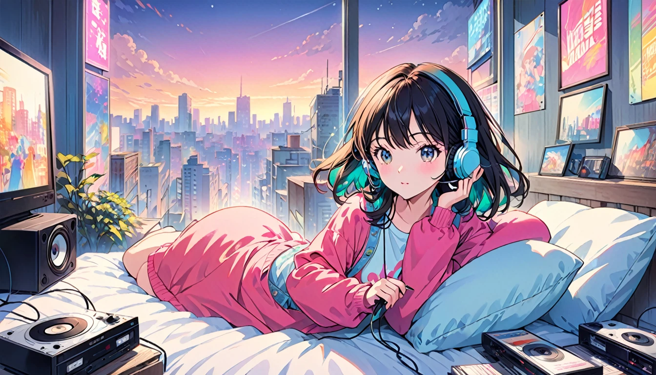 Creates anime-style images that evoke the atmosphere of 1980s city pop culture。Girl lying on bed、Imagine a simple scene where you put on headphones and listen to music.。The setting is、It should reflect a 1980s urban vibe with vibrant colors and a retro aesthetic.。The girl is absorbed in music、With a relaxed expression、Neon lights and cityscape in the background、Cassette tapes, etc.、It should contain elements that evoke the era.。The overall tone is nostalgic and upbeat.、It must capture the essence of the city pop era.。