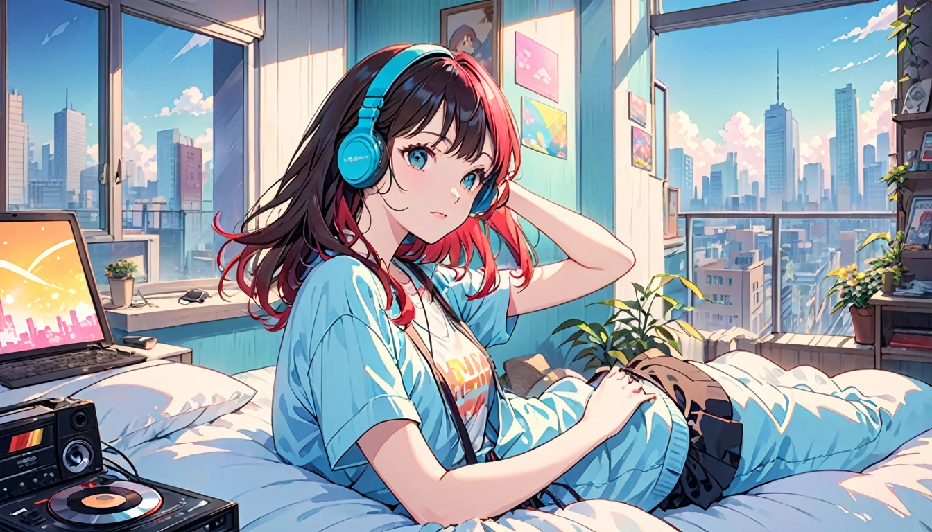 Creates anime-style images that evoke the atmosphere of 1980s city pop culture。Girl lying on bed、Imagine a simple scene where you put on headphones and listen to music.。The setting is、It should reflect a 1980s urban vibe with vibrant colors and a retro aesthetic.。The girl is absorbed in music、With a relaxed expression、Neon lights and cityscape in the background、Cassette tapes, etc.、It should contain elements that evoke the era.。The overall tone is nostalgic and upbeat.、It must capture the essence of the city pop era.。