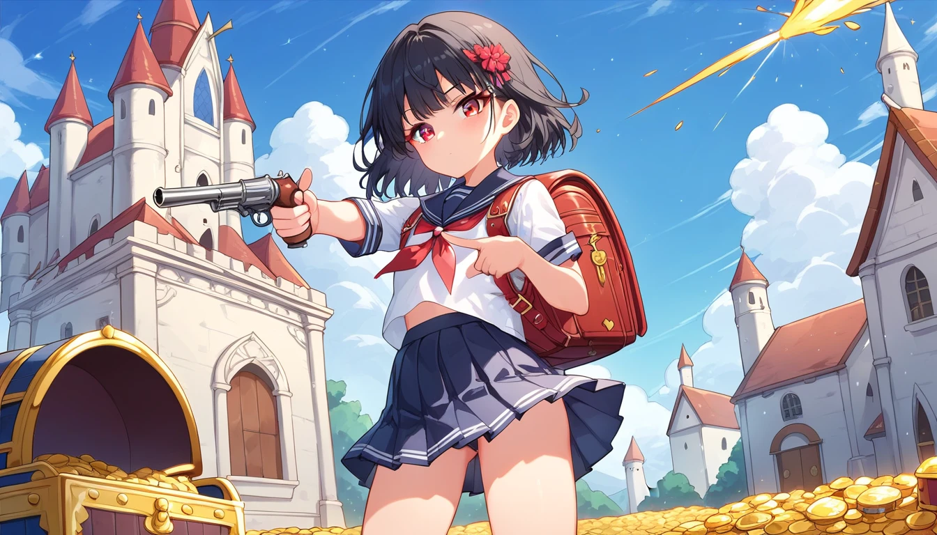 ((1girls:1.3)), ((solo:1.3)), ((school uniform:1.3)), ((castle:1.3)), ((revolver:1.3)), ((pointing gun:1.3)), ((gunshot:1.3)), ((both hands on gun:1.3)), ((expressionless:1.3)), ((backpack:1.3)), ((moe style:1.3)), ((standing:1.3)), ((red eyes:1.3)), ((treasure chest:1.3)), ((small girl:1.3)), ((flat chest:1.3)), ((black hair:1.3)), ((perfect face)), ((extremely cute:1.3)), ((masterpiece:1.3)), ((8k)), ((best quality:1.3)), ((beautiful)), ((extremely detailed:1.3)) , ((absurdres)), AddXL, ((score_9:1.3)), ((score_8_up:1.3)), ((score_7_up:1.3)), Expressiveh