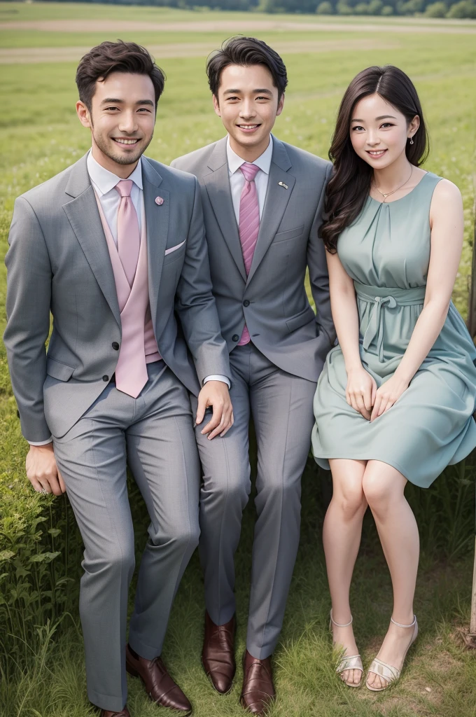 Photo of a couple with the man wearing a gray suit and pink tie and the woman wearing a green knee-length ambis dress smiling for the photo in a field