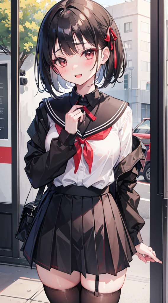 Short black hair and black eyes、primary school student, girl、Small breasts、Smile、There are bright spots around the eyes、cute hairpin、I can see the whole body、School,primary school student服