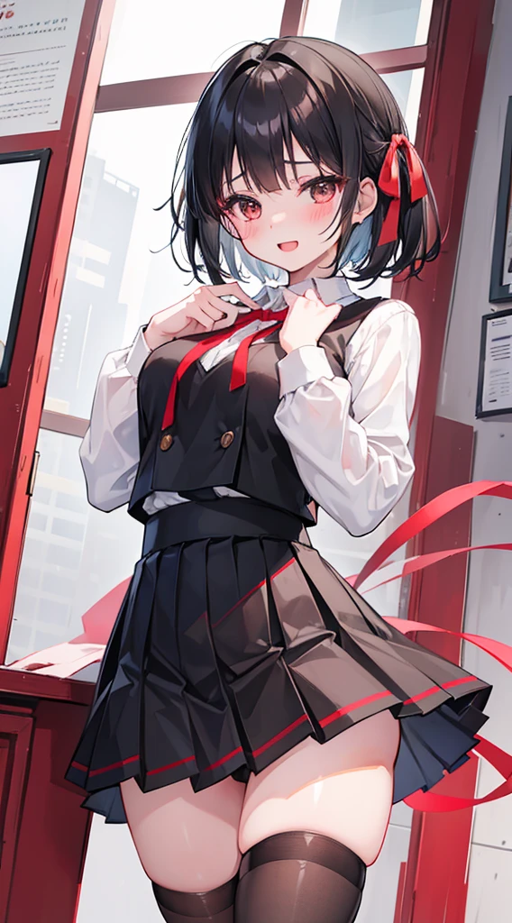 1girl, Kirigaya_Suguha, looking_at_viewer, blush, smile, open_mouth, short_hair, skirt, black_hair, long_sleeves, ribbon, hair_between_eyes, brown_eyes, school_uniform, white_shirt, hair_ribbon, pleated_skirt, black_skirt, bladder, red_ribbon, thighhighs, black_thighhighs, zettai_ryouiki, black_skirt, black_bow, red_bow, hand_on_another's_chest, hand_on_back, blush, outdoors