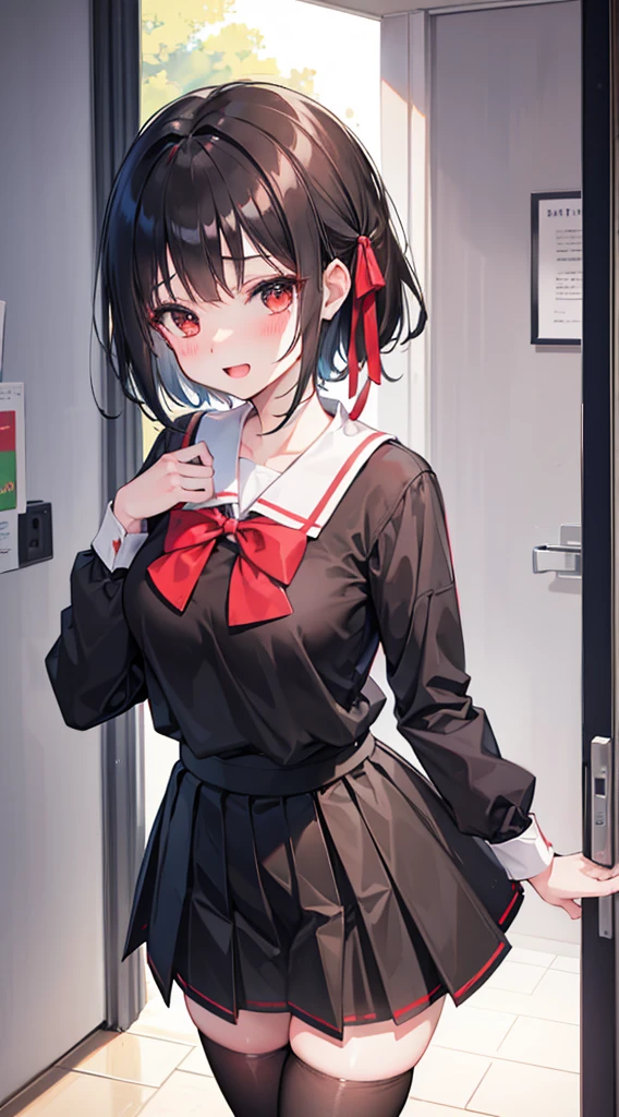 1girl, Kirigaya_Suguha, looking_at_viewer, blush, smile, open_mouth, short_hair, skirt, black_hair, long_sleeves, ribbon, hair_between_eyes, brown_eyes, school_uniform, white_shirt, hair_ribbon, pleated_skirt, black_skirt, bladder, red_ribbon, thighhighs, black_thighhighs, zettai_ryouiki, black_skirt, black_bow, red_bow, hand_on_another's_chest, hand_on_back, blush, outdoors