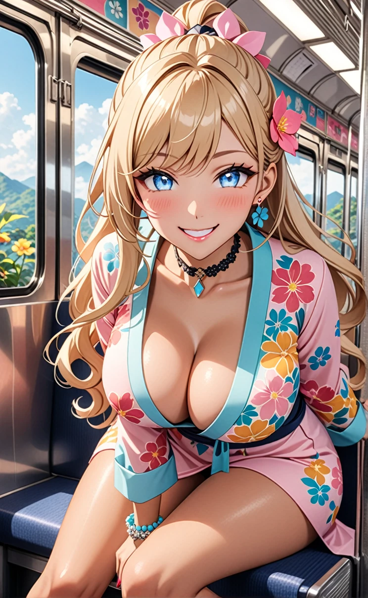 ultra-detailed, ((one girl)), in pastel colors gyaru, (heavy makeup), (tan skin:1.5), hyper detailed, absurdres, 8K, Beautiful Face, (Laugh shyly), ((teasing smile:1.8)), ((Wink:1.5)), (Laugh with your mouth wide open),((Tilt your face:1.6)), View your viewers, ((full-face blushed:1.6)),Glossy Red Lips, ((Big Breasts:1.5)), ((show off breast)), ((undressing)), noon, on the train, (Brighten your face), ((Anime style background)),masterpiece, Highest quality, so beautiful,Latest, Complex details, (Pink long nails), (nail art), (ring),(bracelet), (Floral Choker),AI-generated, Complex,High resolution, Highest quality, super high quality,3D Images、3D Images,One person, (Blonde long hair), (High Ponytail), (wavy hair:1.3), Pastel anime woman posing for a photo, ((Fine grain、blue eyes、glowing eyes:1.4)), (Squint your eyes:1.1),a hyperRealistic , hyperRealistic , Realistic,Long blonde anime woman, Smooth anime CG art, A girl in a gorgeous pastel-colored kimono, ((Pastel colored long sleeve kimono)),(Pink large floral pattern), Long flower hair ornament,Floral Earrings,Mature Body, tall, Tight waist,((Sit in the seat)), ((leaning forward:1.6)), ((hand between legs:1.5)), (from above),