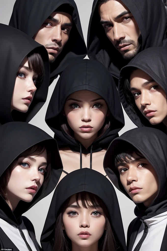 A gang all wearing hoods as if it were a cult and all with sensuous faces and one person in the center who is the supposed boss 
