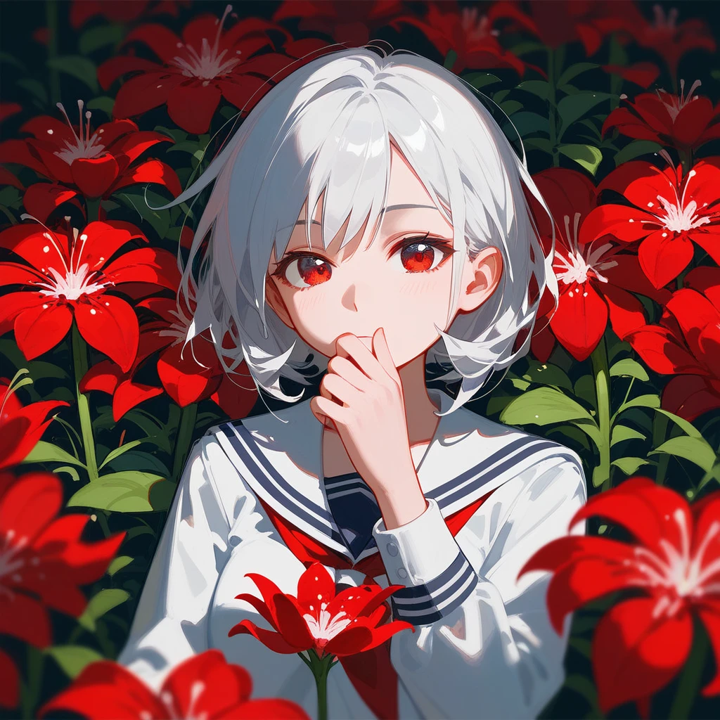 ,1 Girl,Sailor suit,beautiful_face,Hiding her mouth with the red spider lily she is holding、Red eyes、Spider Lily Motif、Lie on your back、Solo Illustration、(With higan flowers)、Bob Hair、Red spider lily、Mysterious atmosphere、Falling on one's back