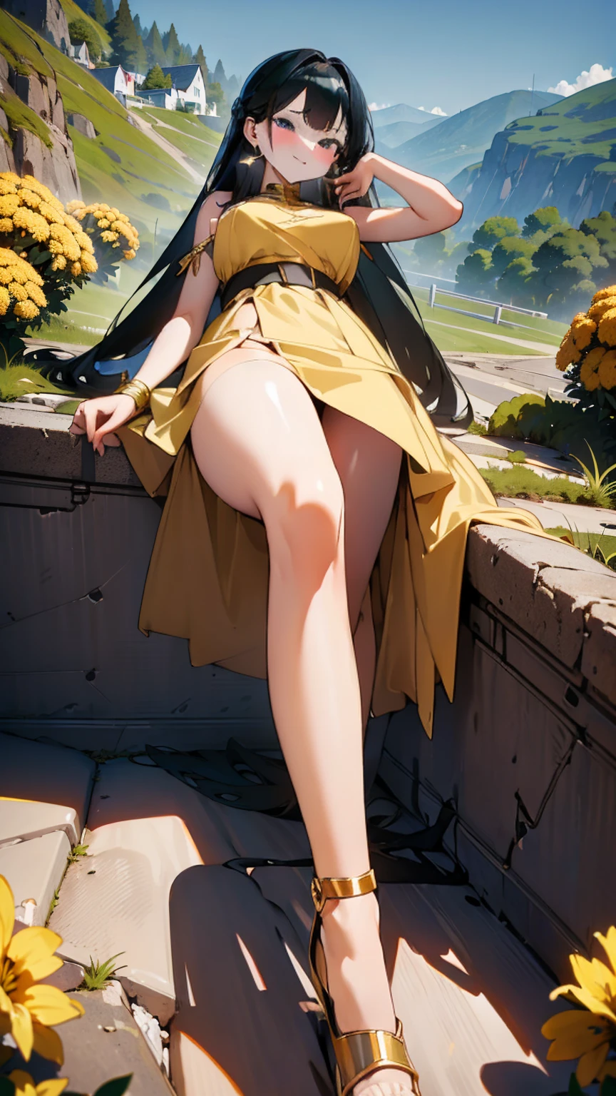 A seductive giantess in a flowing yellow dress, with long raven-black hair and mesmerizing blue eyes, lounges on a sun-drenched hillside. Her legs are bent at the knees, crushing wildflowers and tiny creatures beneath her. She gazes down at the tiny humans with a sultry smile, occasionally picking one up and pressing it against her warm skin. Her body radiates raw sexual power and dominance. Giantess, Goddess, sexy legs, dress, hot, curvy body, mommy issues, tiny people, macrophilia, perspective from below, high quality, almost naked, mature woman, hillside, erotic.

