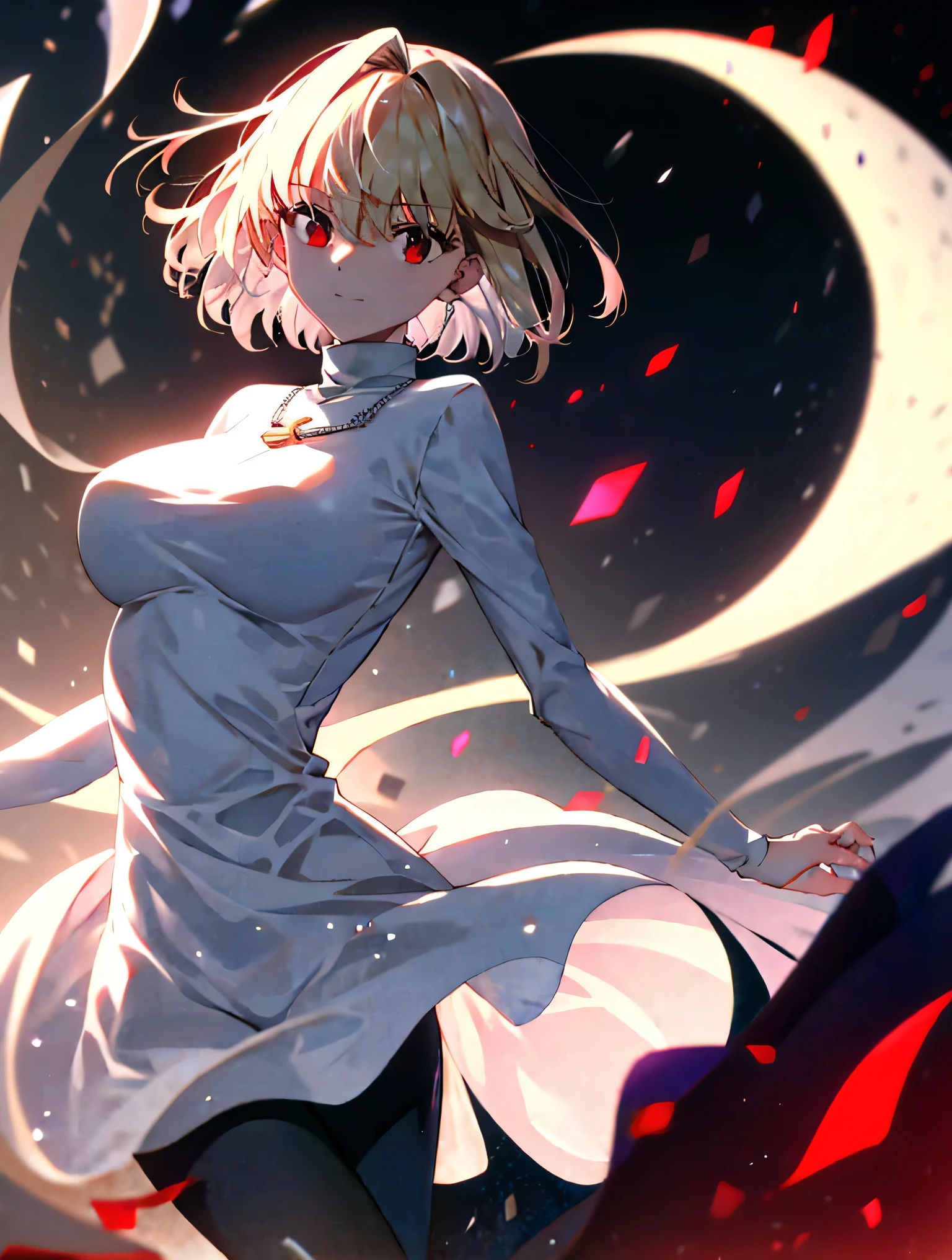 absurdres, uhd, 16k, 1girl, arcueid \(tsukihime\), 1girl, alley, nighttime, moon, stars, short blonde hair, (((red eyes))), arms behind back, white turtleneck, blush, building, cowboy shot, day, chain necklace \(arcueid\) on chest, large breasts, looking at viewer, outdoors, smile, solo, standing, taut clothes, tight black pants, thigh gap, closed mouth, leaning forward, 2hands, accurate fingers, loish hands, extreme hand detail, normal hands, with fingers, accurate hands, 2thumb