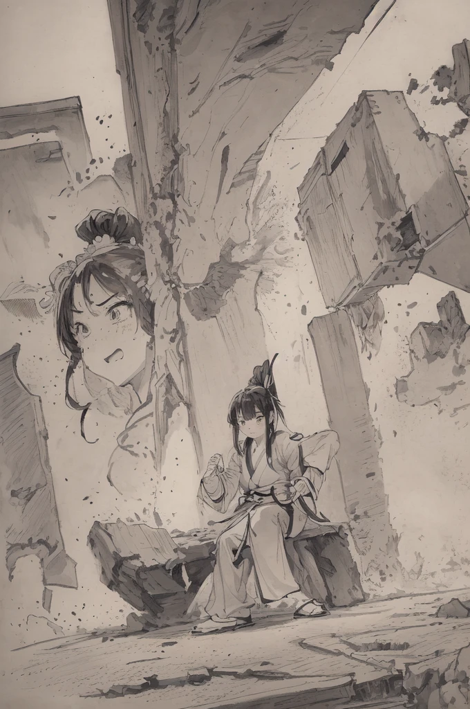 (Highest quality、High resolution、8K、masterpiece: 1.2)。Depicts a beautiful girl smashing a concrete wall into pieces。(1 Beautiful Girl:Kunoichi、Sit down、Karate stance、A punch powerful enough to shatter a wall、Angry expression、Casual clothes、teeth、cheek、Dynamic punches)、Line art thicker、Dynamic depiction、(background:Group of monsters)