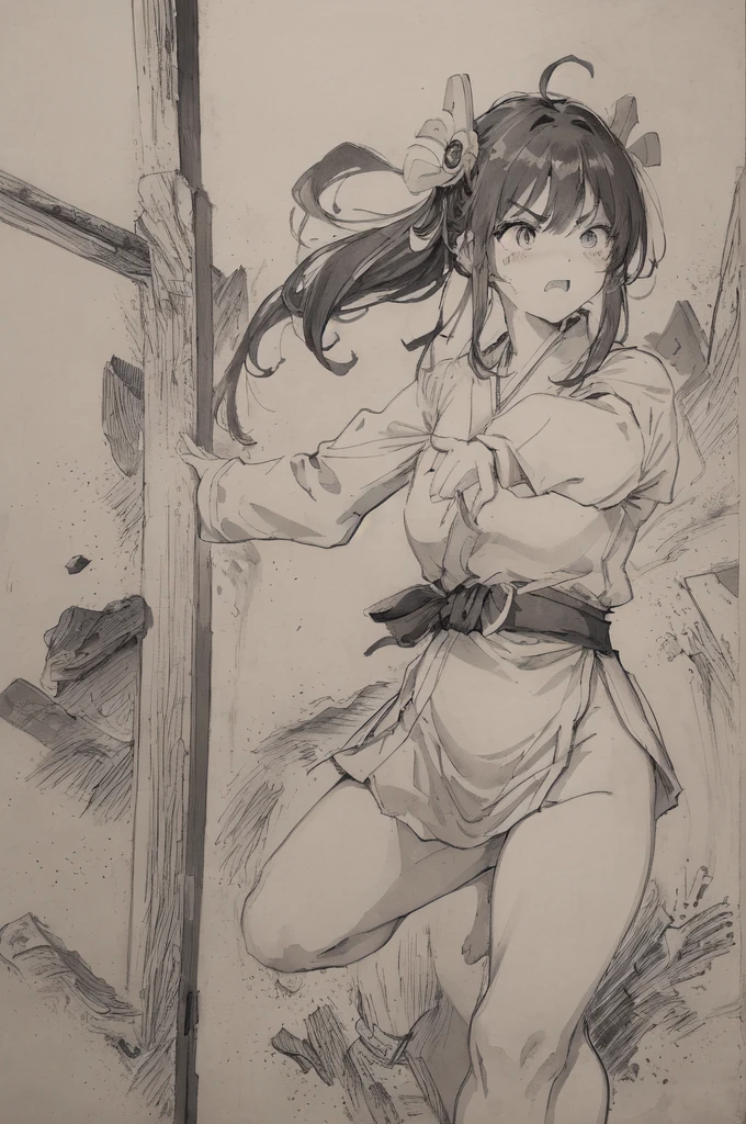 (Highest quality、High resolution、8K、masterpiece: 1.2)。Depicts a beautiful girl smashing a concrete wall into pieces。(1 Beautiful Girl:Kunoichi、Sit down、Karate stance、A punch powerful enough to shatter a wall、Angry expression、Casual clothes、teeth、cheek、Dynamic punches)、Line art thicker、Dynamic depiction、(background:Group of monsters)
