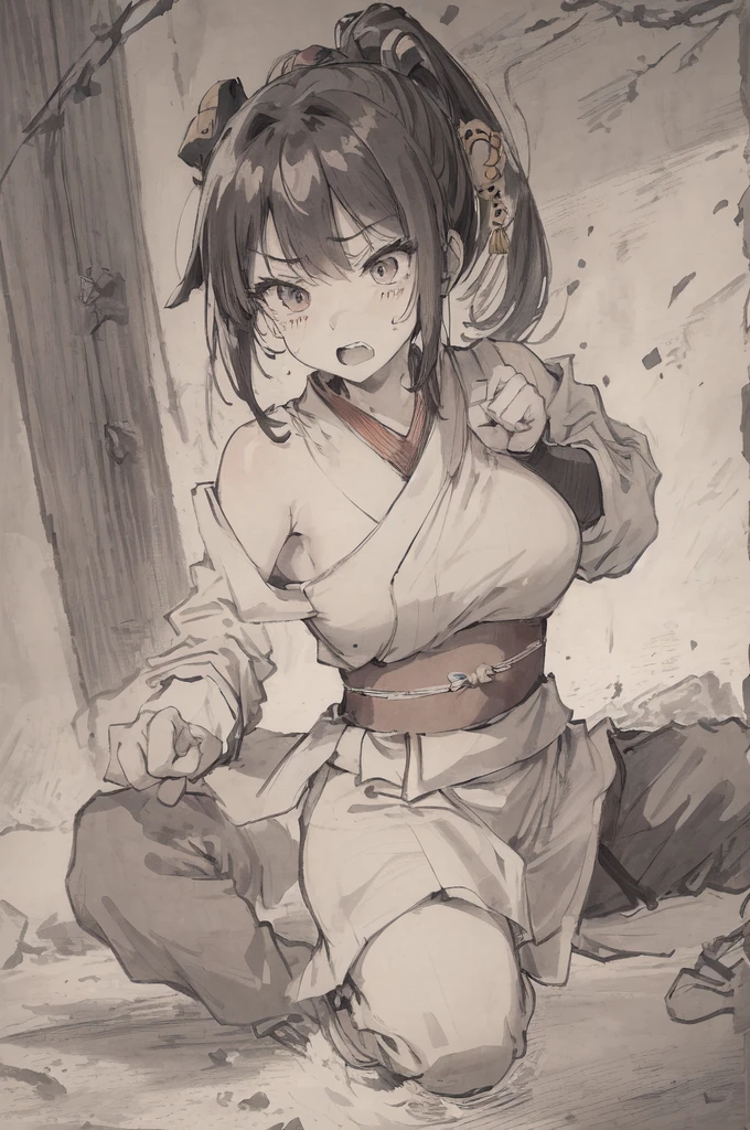 (Highest quality、High resolution、8K、masterpiece: 1.2)。Depicts a beautiful girl smashing a concrete wall into pieces。（1 Beautiful Girl：Kunoichi、Sit down、Karate stance、A punch powerful enough to shatter a wall、Angry expression、Casual clothes、teeth、cheek、Dynamic punches）、Line art thicker、Dynamic depiction、（background：Group of monsters）